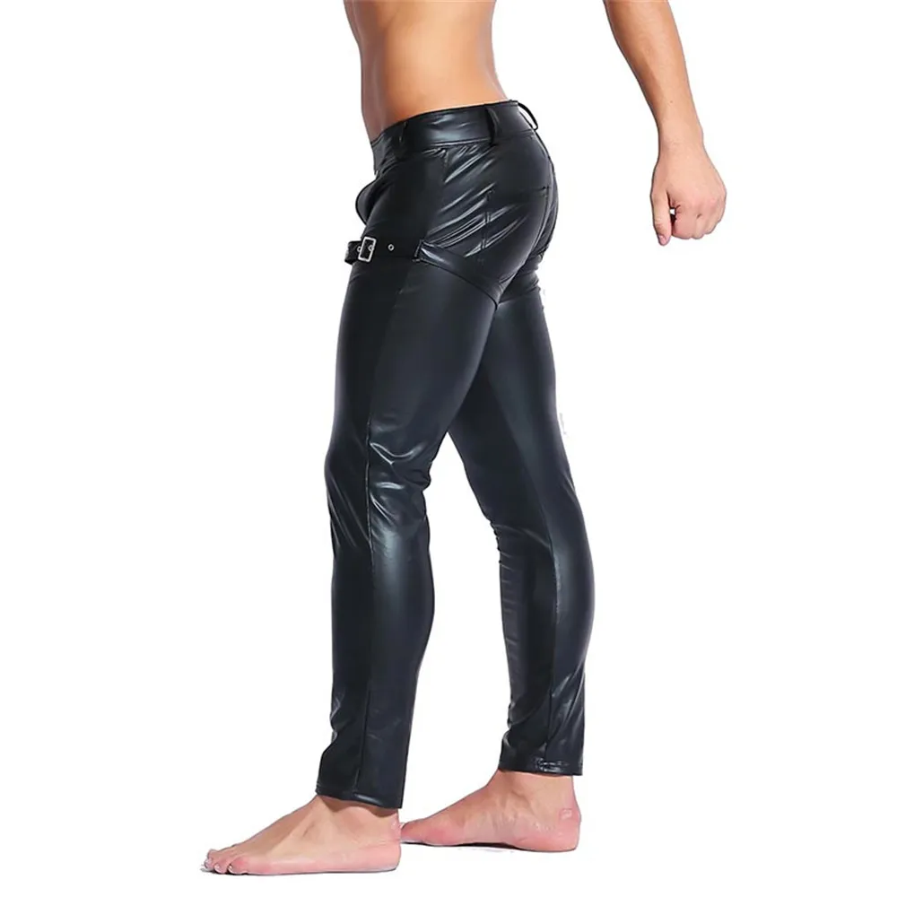 Sexy Mens Faux Leather Skinny Tight Pants Clubwear Legging Nightclub Trousers Mens PU Leather Black Dancer Open Front Long Pants