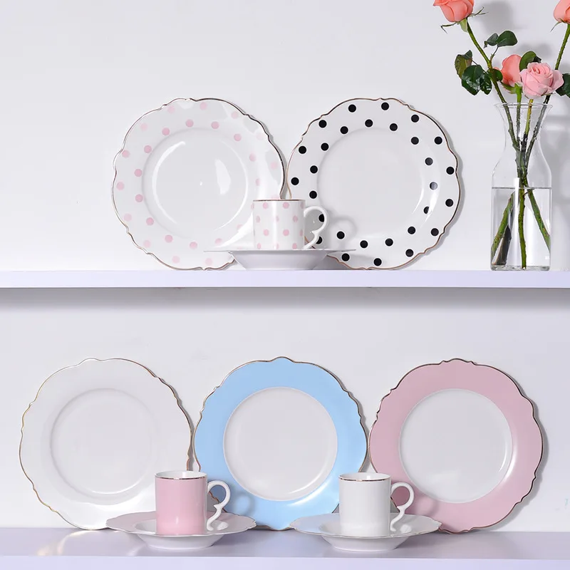Creative  Ceramic Plate Pink Wave Point Simple Flat Plate Western Steak Plate Girl Heart Set  Irregular Golden Girl