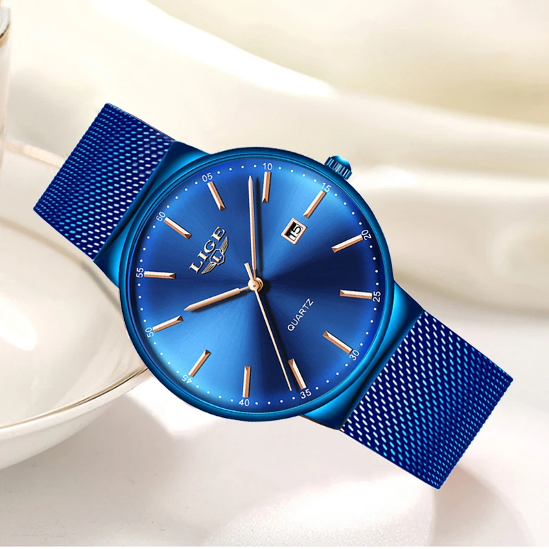 LIGE-reloj analógico de cuarzo para mujer, accesorio de marca superior de lujo, con malla azul, con fecha de acero inoxidable, esfera ultrafina a la