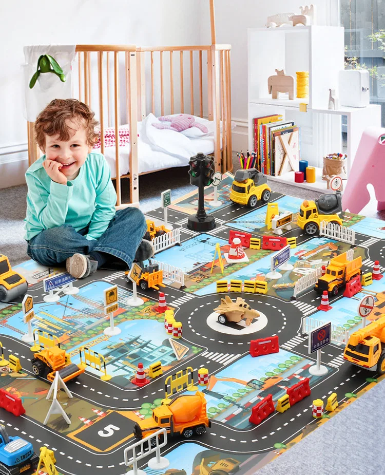 City Traffic Play Mat 130*100 Waterproof City Road Map/Traffic signs /Alloy Car Model For Children Educational Toys