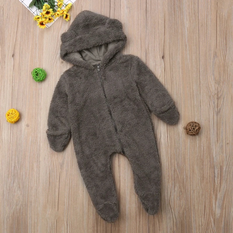 Newborn Toddler Baby Girl Boy Hooded Romper Jumpsuit Winter Outfits Fuzzy Fleece Plush Clothes 0-24Months