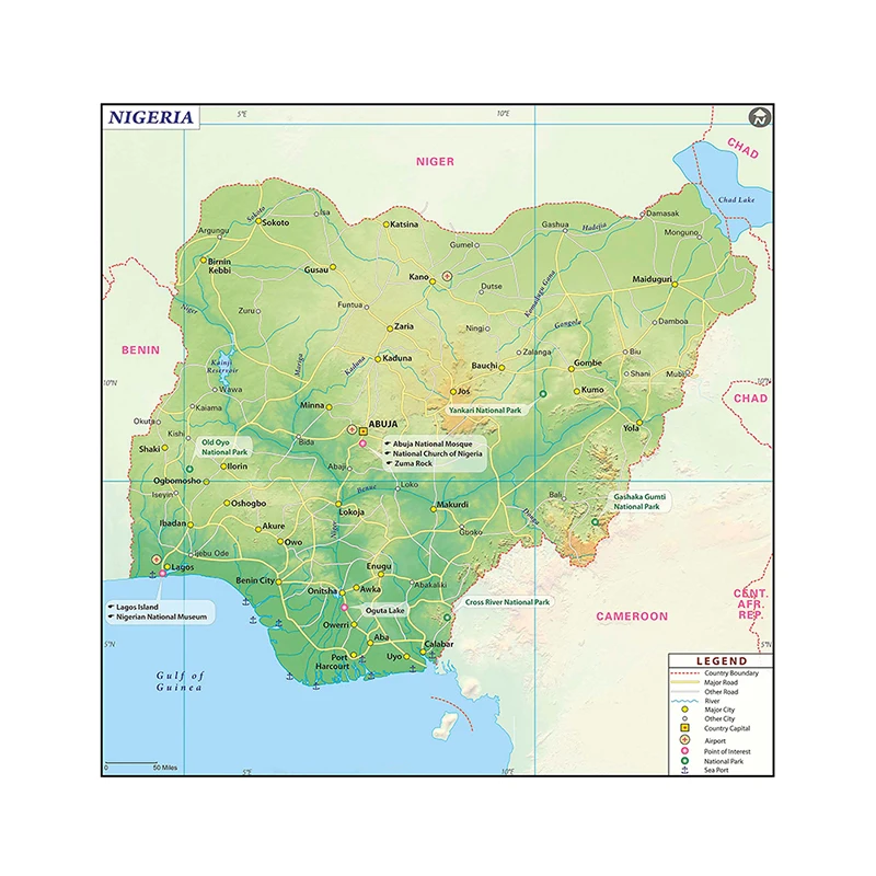 Imagen de arte de pared del mapa otográfico de Nigeria, lienzo no tejido, pintura sin marco, póster, suministros de estudio, decoración del hogar, 150x150cm