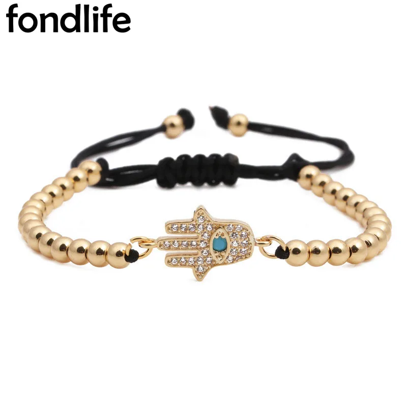 Błyszczące cyrkonia kryształ złoty niklowany mosiądz Hamsa ręcznie niebieski kamień bransoletka Evil Eye przewód Macrame 4mm miedziane koraliki biżuteria jej