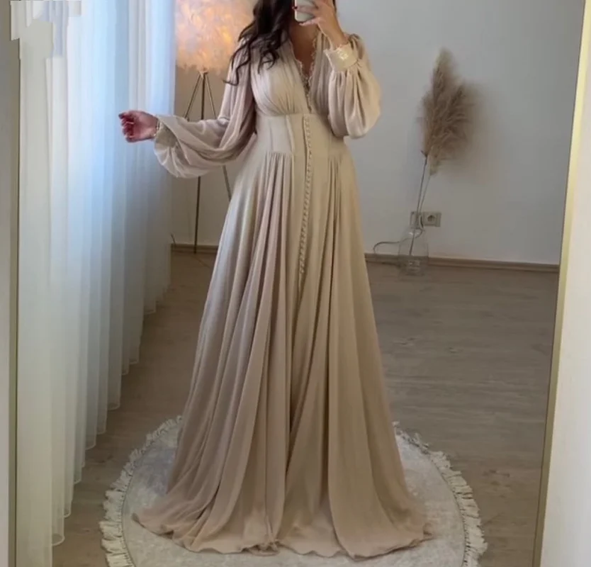 

Muslim Evening Dresses 2024 For Women Party Champagne Long Sleeve Dubai Formal Prom Gown A-Line Chiffon Vestidos De Fiesta