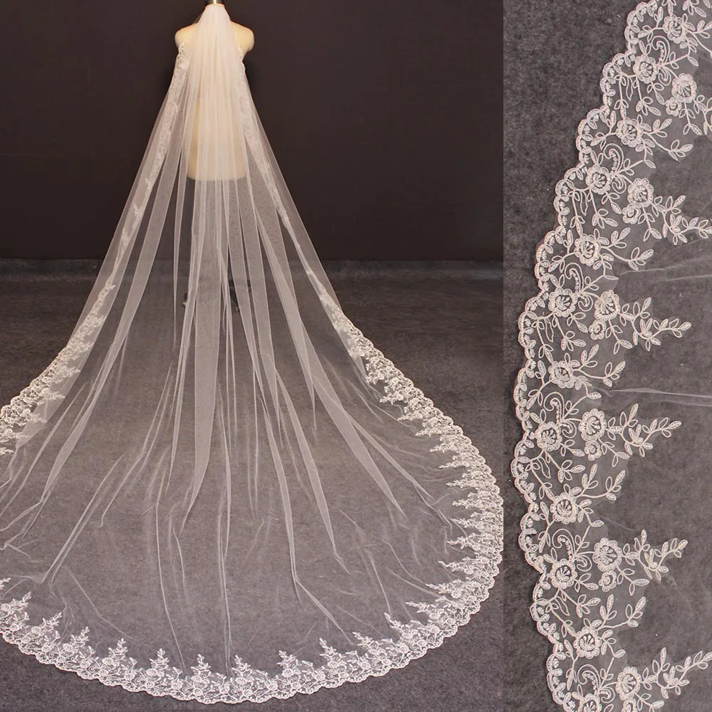 Voile de mariée Long en dentelle, blanc, ivoire, 3.5 mètres, avec peigne, une couche