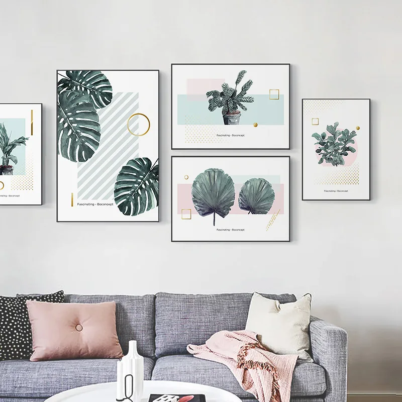 Nordic plant color painting leaf wall art canvas painting green poster and print decorative painting modern home decoration