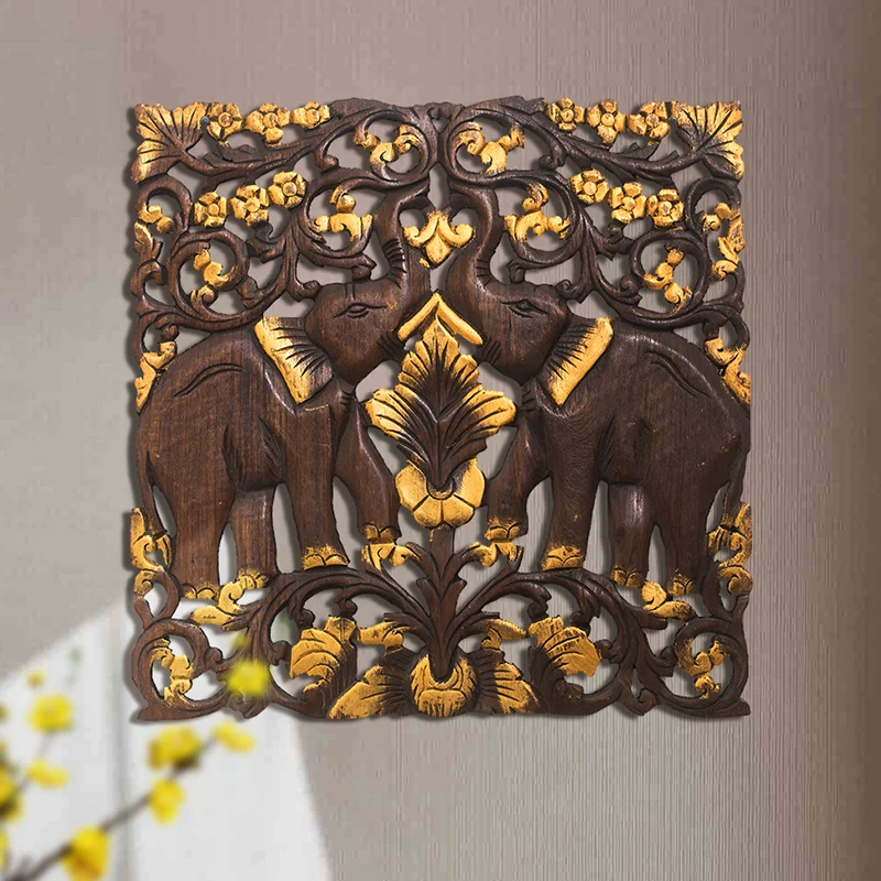 Thai Wood Carving Hallway Pendant Crafts Dongyang Solid Wood Lattice Living Room Background Wall Elephant Carved Board