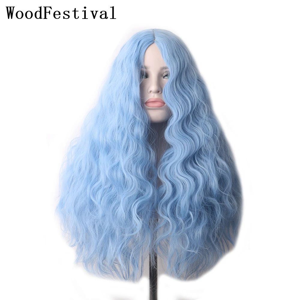 WoodFestival Synthetic Hair Light Blue Wig Cosplay Wigs For Women Long Curly Blonde Brown Ombre Pink Halloween Rainbow Female