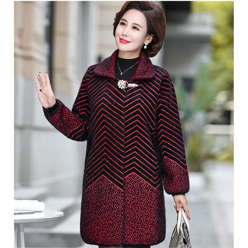 UHYTGF Elegant Mom Autumn winter wool coat fashion stripe Cardigan 4XL Big size tops Imitation Mink Cashmere woolen jacket 487