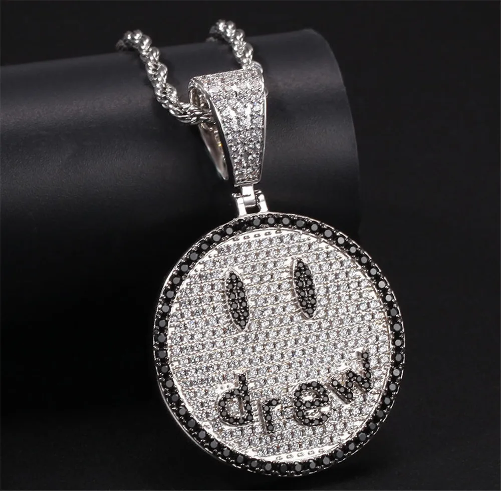 Hip-hop Trend Drew Smile Face Pendant Necklace High Quality Micro Inlaid Zircon Street Personality Fashion Jewelry