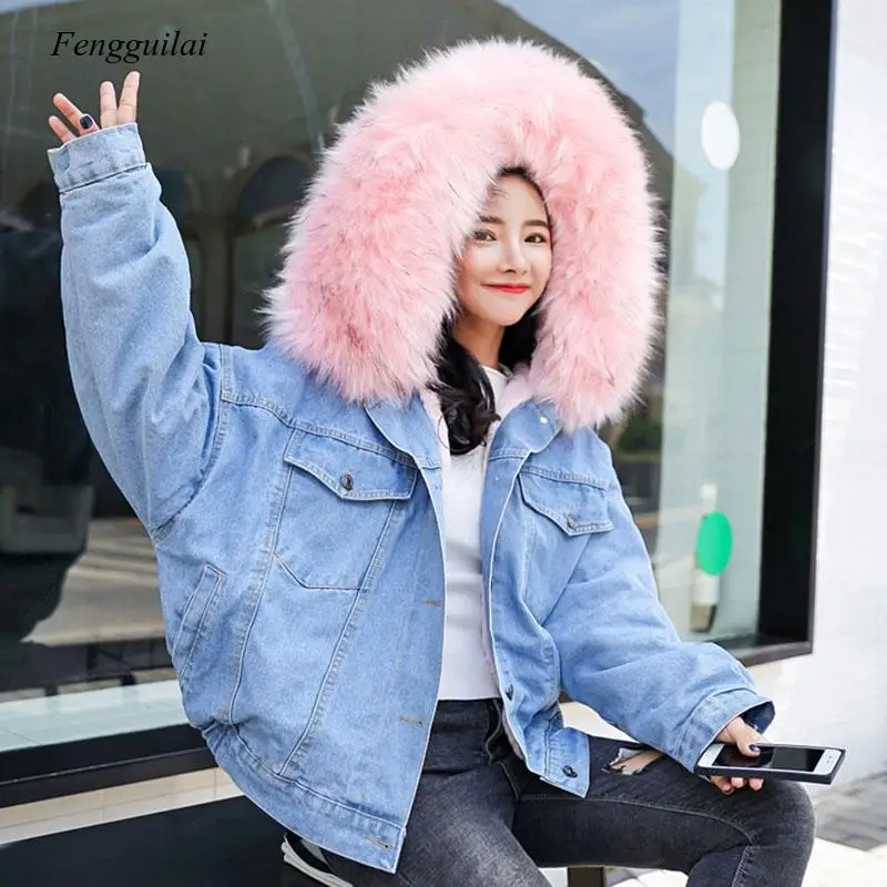 2021 Fashion Winter Coat Warm Cotton Denim Jacket Women Hooded Bomber Female