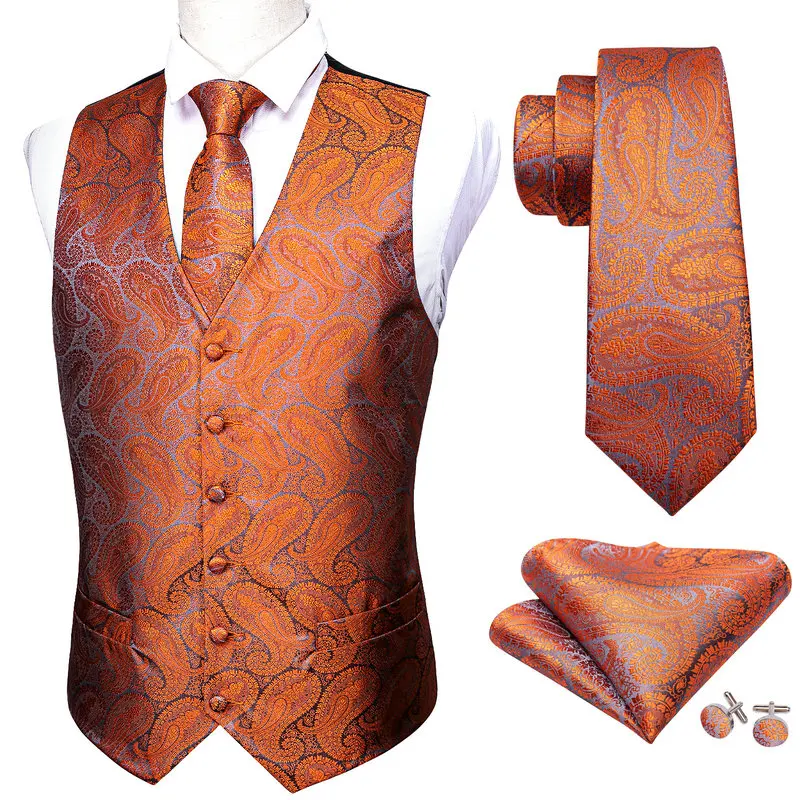 Barry.Wang Fashion Men Suit Vest Orange Paisley Waistcoat Silk Tailored Collar V-neck Check Vest Tie Set Formal Leisure M-2042