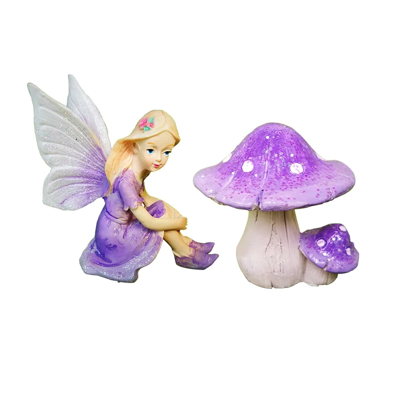 Miniature Fairy Elf Angel With Butterfly Wings Girl Mushroom Purple Pink Resin For Dollhouse Accessories