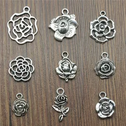 20pcs Flower Charms Antique Silver Color Rose Flower Charms Pendants For Bracelets Flower Rose Charms Making Jewelry