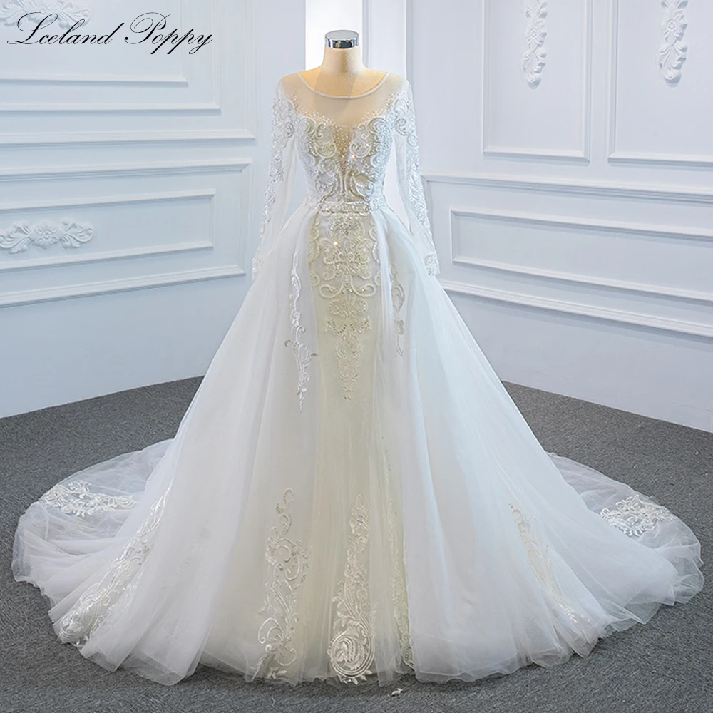 

Lceland Poppy Scoop Neck Lace Mermaid 2 in 1 Wedding Dresses Full Sleeves Pearls Beaded Bridal Gowns with Detachable Train