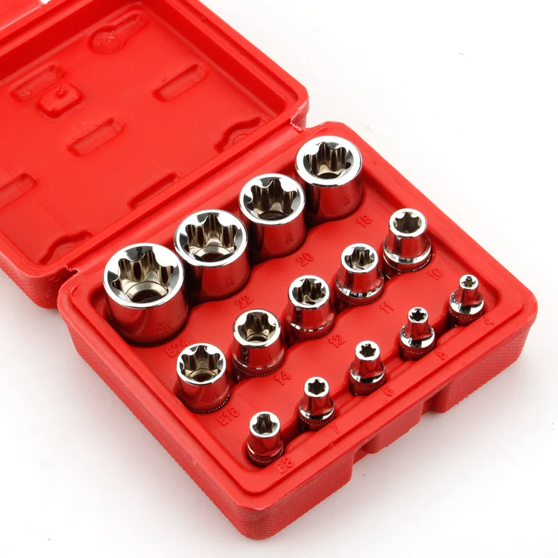 Juego de llaves y enchufes para reparación de automóviles, 14 unidades, tipo E, Torx, estrella, hembra, E4-E24 para el hogar, bricolaje, metalúrgico