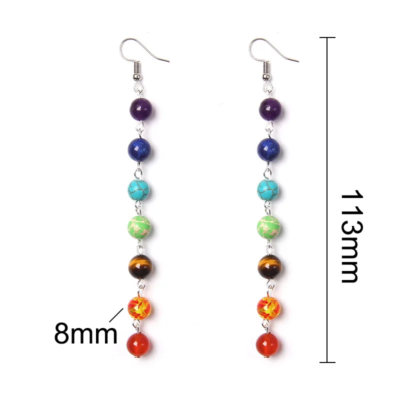 Rainbow Round Natural Stone Earrings 7 Chakra Earrings Women Long Fringed Statement Beads Earring Reiki Healing Jewelry Gifts