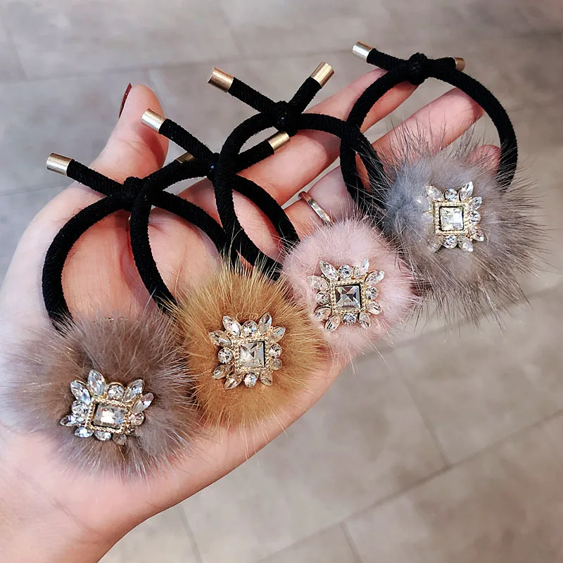 Winter Snowflake Soft Plush Elastic Hair Bands Scrunchies Women Handmade Fashion Crystal Pearl Fluff Hair Ties Headdress Gifts