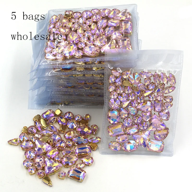 Hot sale Wholesale 5 bags mixed shape sew on glass Pink AB gold base rhinestones diy dress/Clothing accessories