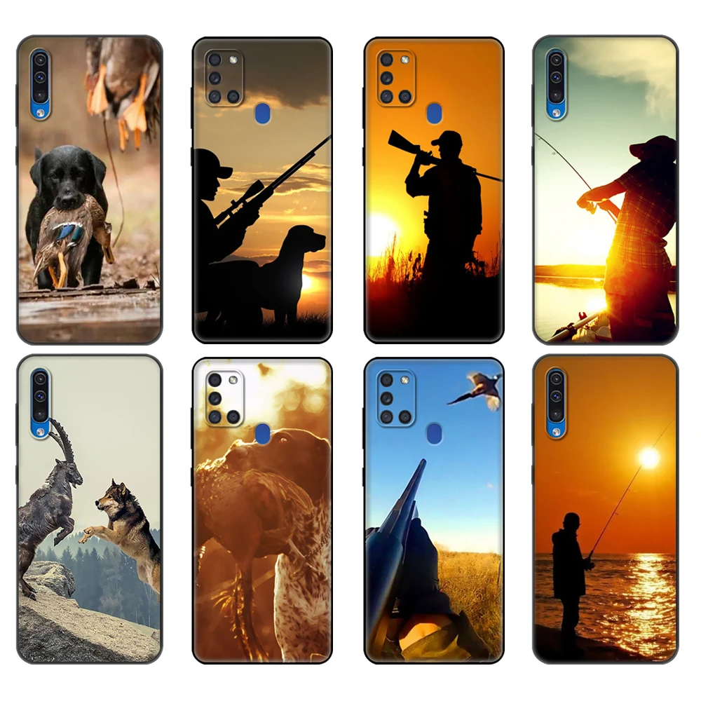 Black tpu Case For Samsung Galaxy A50 50S A30S A10 A01 A11 A21S A31 A41 A51 A71 M21 M30S S10 LITE Hunting dog and fishing man