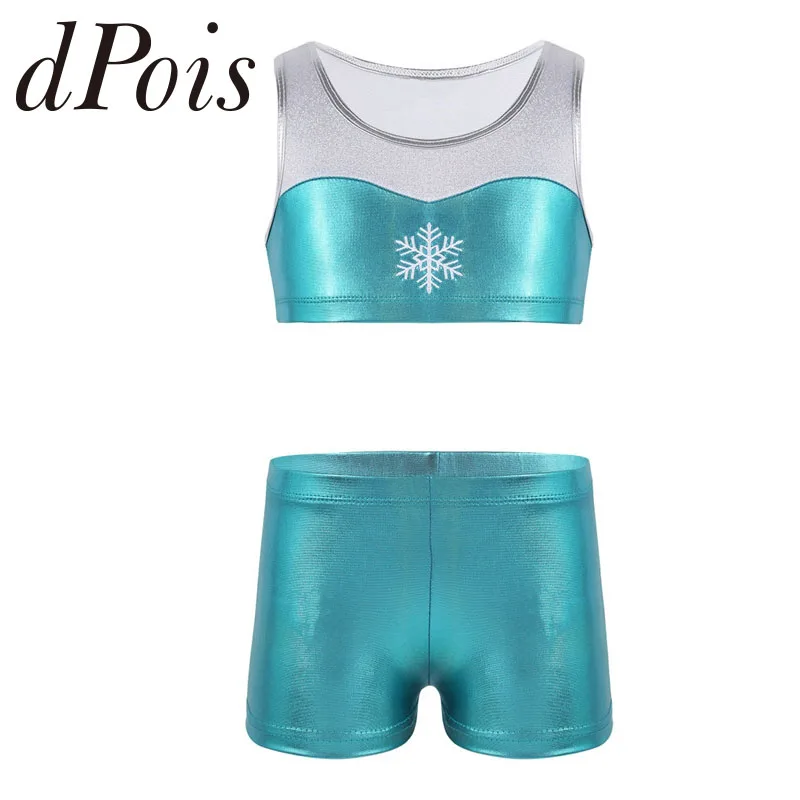 2Pcs Kid Gymnastics Body Suit Snowflake Embroidery Tank Top with Shorts Girls Dance Costume Athletic Set Ballet Practice Clothes