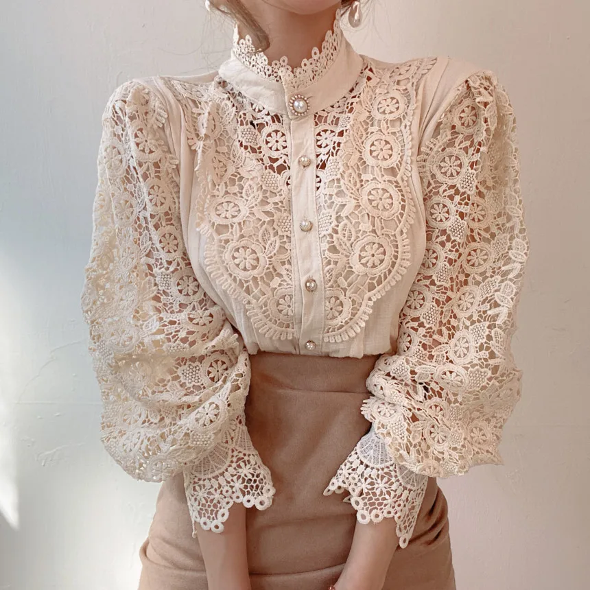 Victorian Vintage Palace Lace Blouse Shirts Women Party Button Loose Shirt Tops Female Hollow Blouses Office Lady Blusas Retro