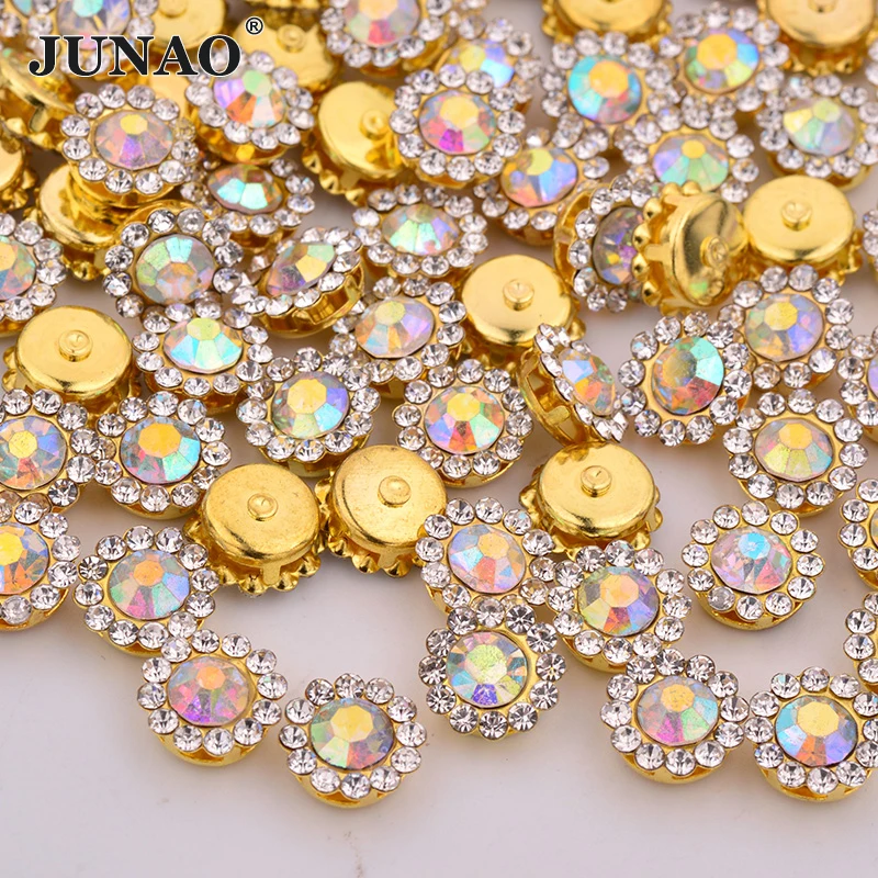 JUNAO 8 10 12 mm Sewing White Pearl Rhinestone Gold Claw Crystal Stone Sew On Round Strass Flower Applique for Dress  Jewelry