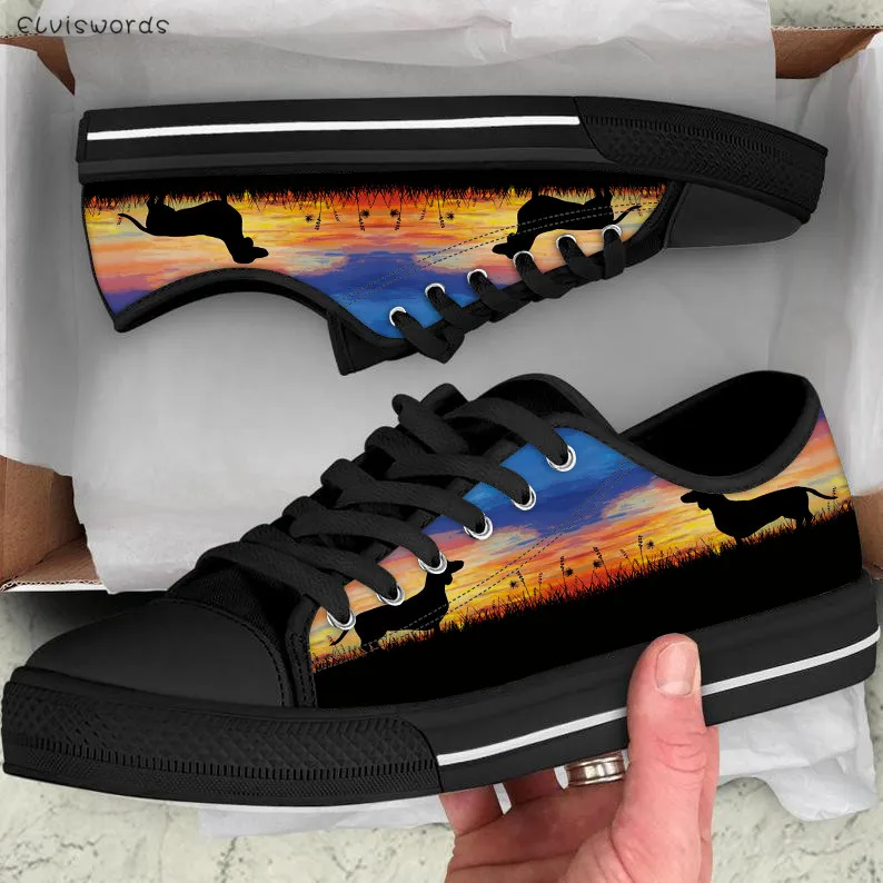 ELVISWORDS Art Oil Painting Dachshund Dog Women Sneakers Shoes Girls Boy Low Style Canvas Vulcanize Shoes for Teen Girls Lace Up