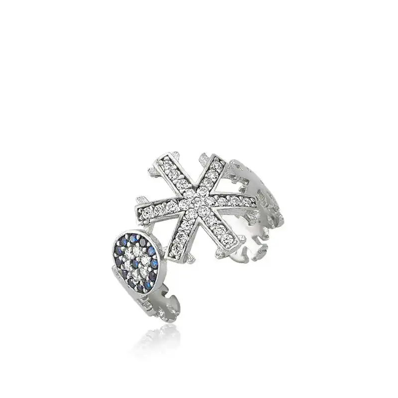 Silver Evil Eye Snowflake Adjusted Women's Ring Zircon Stone 925 Sterling Jewelry Wedding Party Birthday Gift - Box - Women - Fashion - Botiva - Size - Turkish - Patterned Embroidery