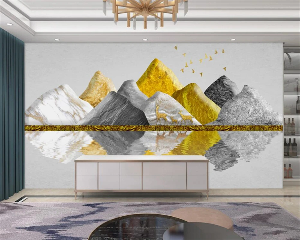 beibehang Customized New Chinese Light Luxury Mountain Elk Atmospheric Stereo TV Background Golden Tree Wallpaper papier peint