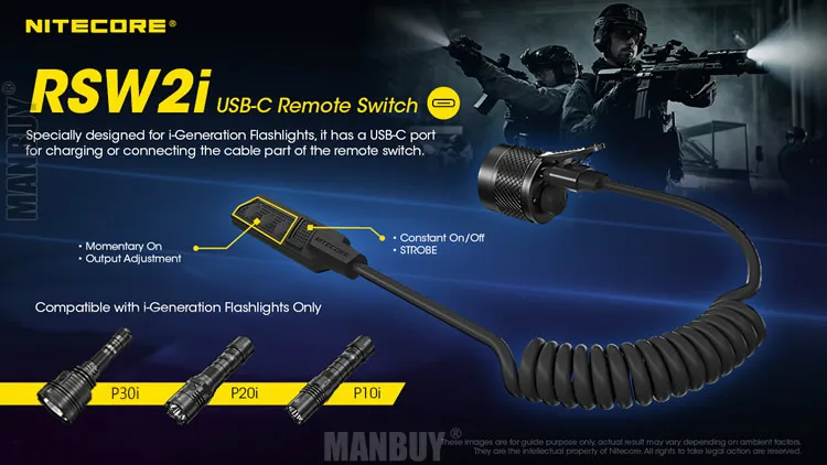 

Nitecore RSW2i USB-C Rechargeable + Remote Pressure Switch 2in1 Tail Cap for i Series Flashlights P30i P20i P10i Tactical Torchs