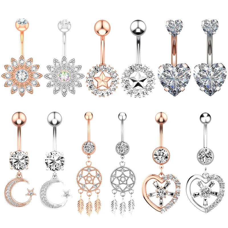 

1pc Flower Heart Navel Rings Piercing Dangling Zircon Belly Button Ring Surgical Steel Sexy Belly Bar for Woman Body Jewelry 14G