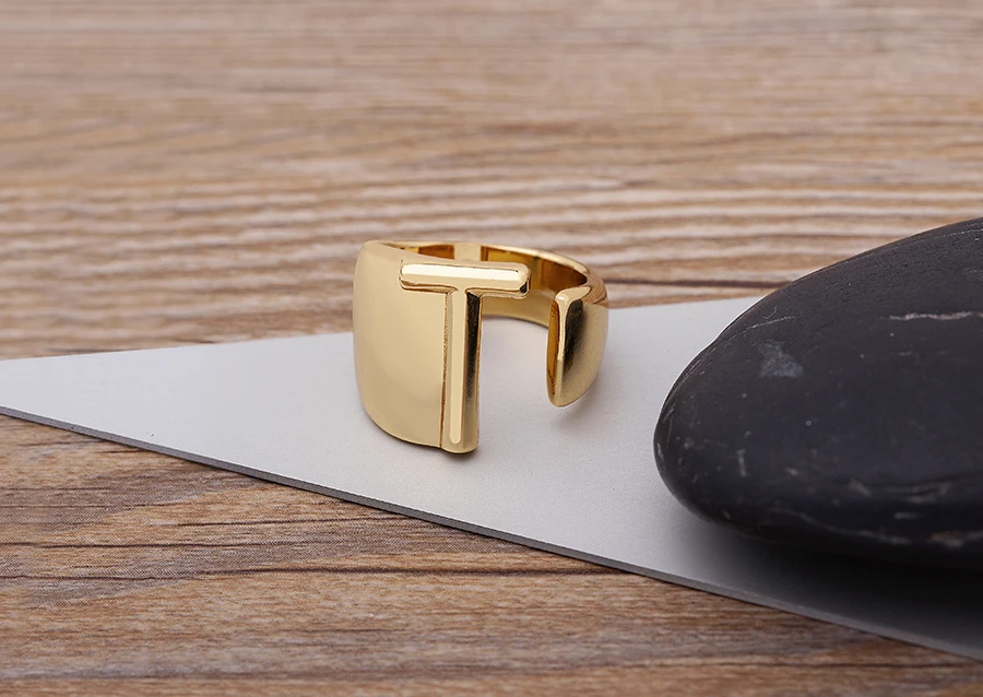 Trendy Hollow A-Z Letter Gold Color Adjustable Opening Ring Initials Name Alphabet Female Chunky Wide Party Wedding Jewelry
