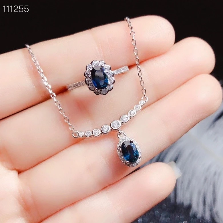 

CoLife Jewelry Natural Sapphire Ring Necklace 4*6mm Navy Blue Sapphire Jewelry Set 925 Silver Gemstone Jewelry Gift for Woman