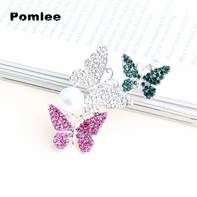 Pomlee Color Rhinestone Three Butterfly Brooches for Women Fashion Insect Pin Brooch Spring Style Accessories High Quality