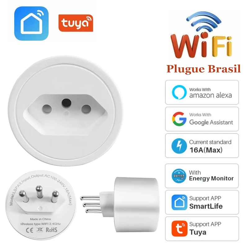 

Brazil Plug WiFi 16A Smart Plug With Timer Power Monitor SmartLife APP Control with Alexa Google Assistant