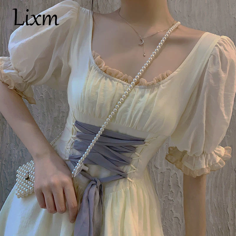 New Lolita Style Super fairy princess palace dress summer Hepburn style French square neck puff sleeve waist mid-length dress