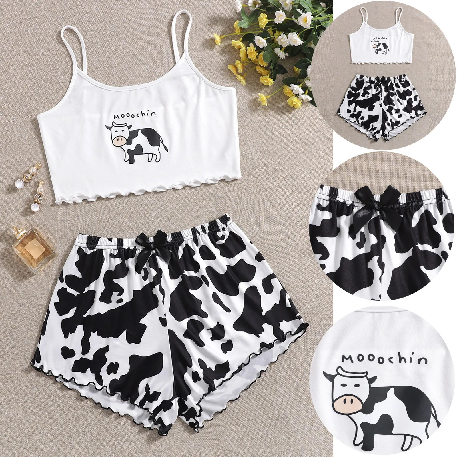 Sleepwear Home Suit Summer V Neck Sexy Pyjamas Sets Women Pijama Femme Spaghetti Strap Loose Milk Cow Print Lovely Nightie Y2k