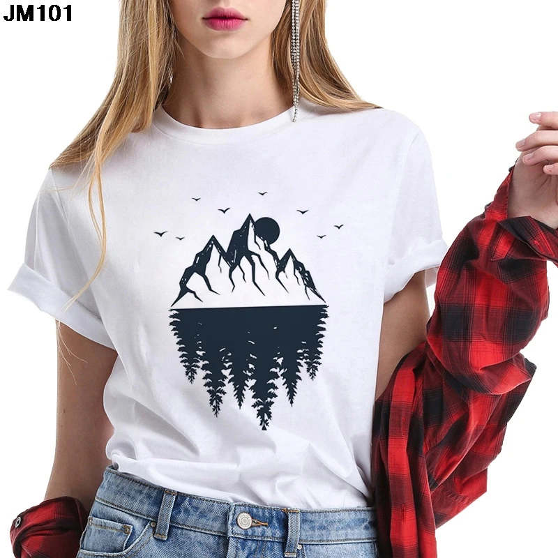 Women's Artistic Mountain Printed T-shirt, Short Sleeve, White Top, Harajuku, Thin, Casual Fashion, Summer