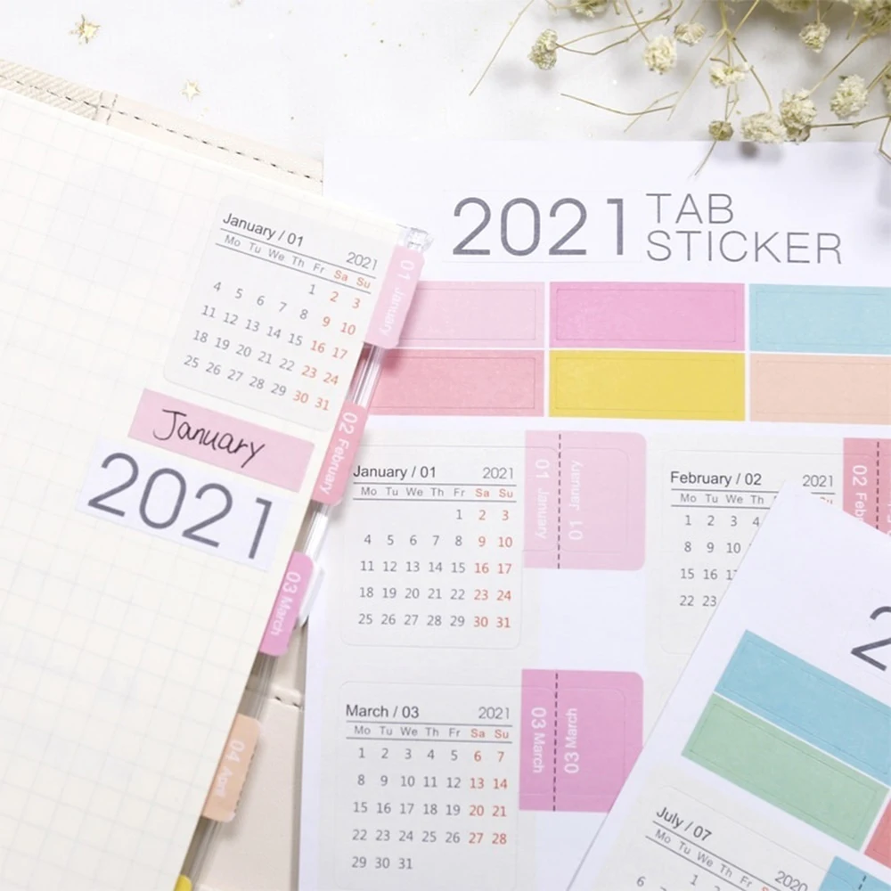 2Sheets  2021 Calendar Notebook Index Stickers Functional Planner Monthly Schedule Agenda Bookmark Stationery Stickers