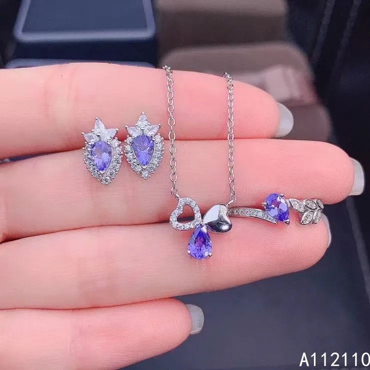 

Fine Jewelry 925 Pure Silver Inset With Natural Gem Women's Luxury Noble Plant Tanzanite Pendant Ring Earring Set Support Detect