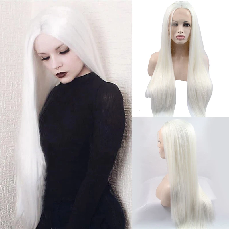 Snow White Silky Straight Synthetic Lace Front Wig Middle Part Curly Natural Glueless Heat Resistant Fiber Hair For Black Women