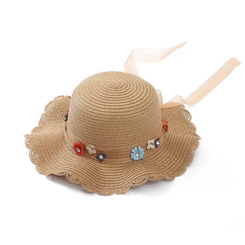 Korean bow wave edge Beach Hat Flower shade big edge straw hat children's straw hat