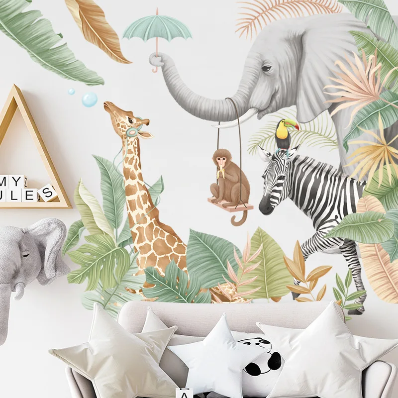 Big Nordic Jungle Animals Wall Stickers for Kids Rooms Boys Room Bedroom Decoration Elephant Giraffe Plants Wallpaper Posters