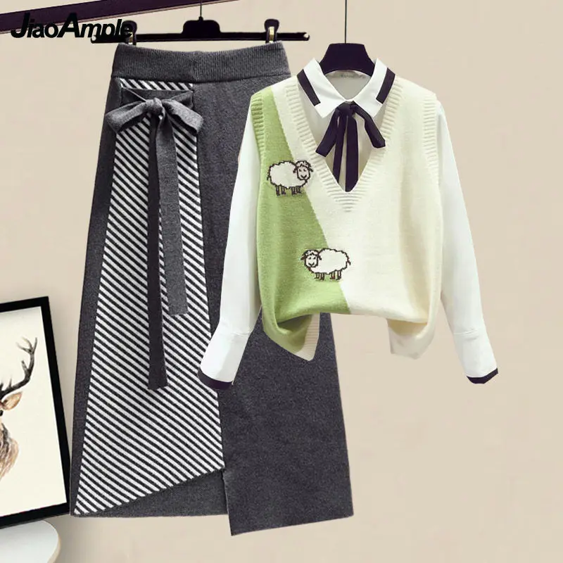 3 Pieces Female Set Women\'s Autumn Winter Graceful Bow Shirt+Animal Sheep Knitted Vest+Long Skirts Suit Lady Casual Outfits 2021