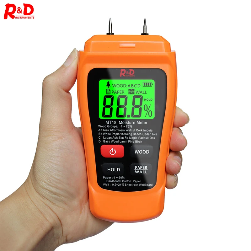 R&D MT-18 Wood Moisture Meter Paper Humidity Tester Wall Hygrometer Timber Damp Detector Tree Density Tester Orange