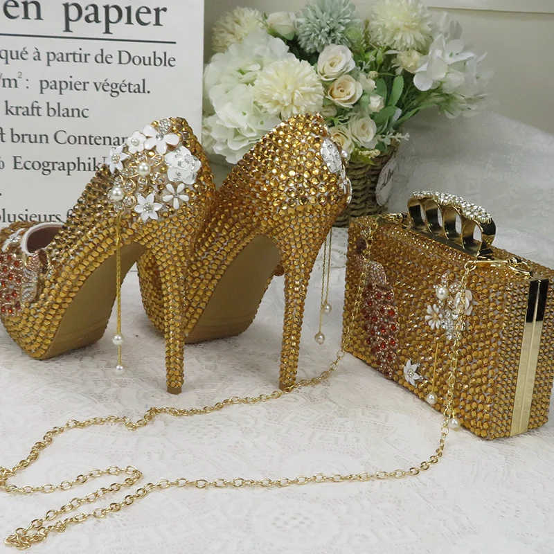 BaoYaFang Golden Party Dress Shoe with matching bag crystal Wedding shoes Bride women\'s High heel platform shoe High Pumps purse