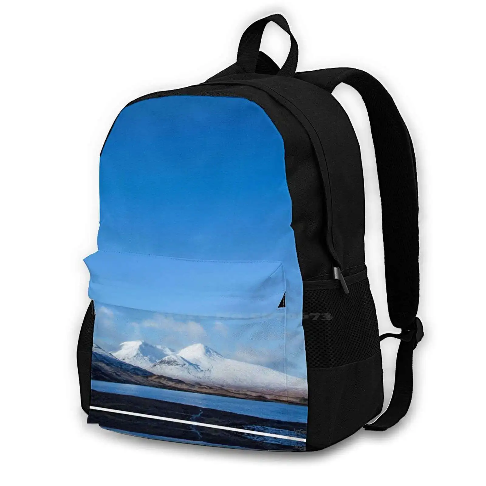 

Mountain Lake Pattern Design Bag Student'S Backpack Mountain Snow Rocky Sunny Moorland Winter Stone Blue Climbing Color Image
