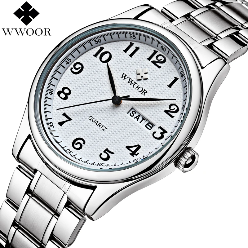 WWOOR Classic White Watch Men Luxury Brand Waterproof Quartz Vintage Men Watch With Date Stainless Steel Wristwatch Reloj Hombre