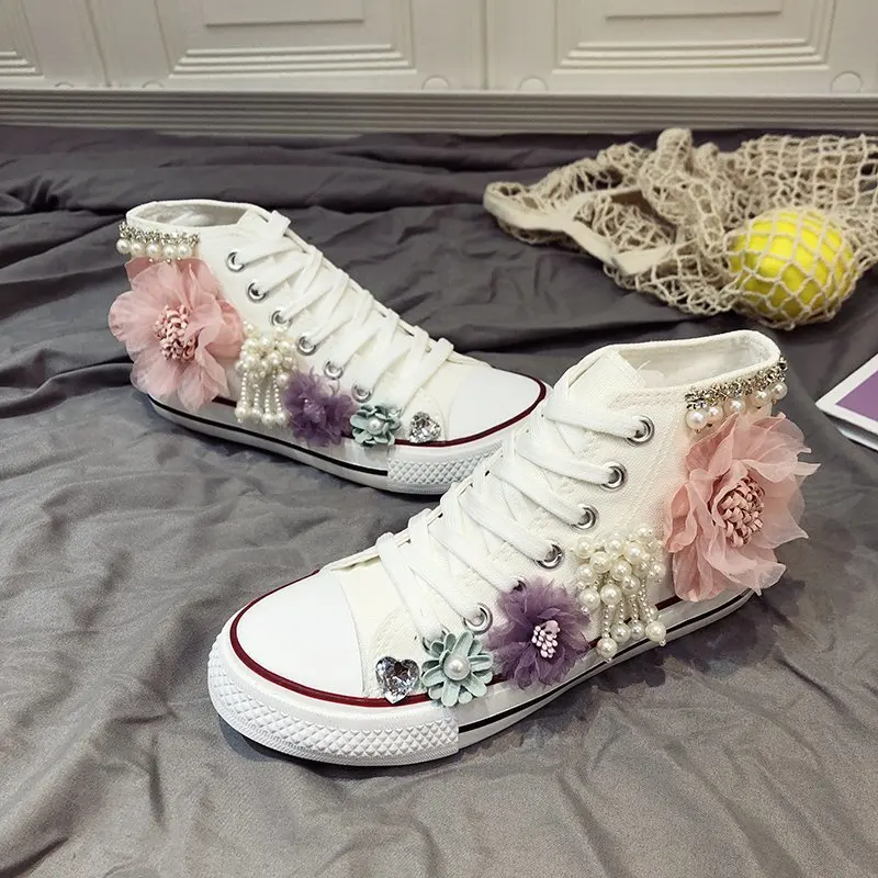 Sapato feminino de lona alta, pérola floral artesanal, sapato casual para estudantes, nova moda, primavera, 2022